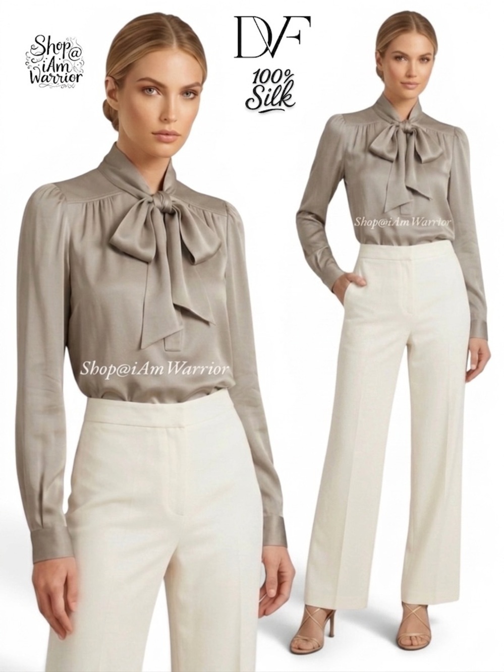 Diane von Furstenburg taupe tie neck silk blouse *shop@iamwarrior